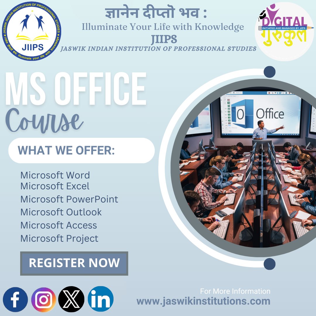 Enhance Your Career with Our MS Office Course! Master Word, Excel, PowerPoint, and More. #jaswikindianinstitutionofprofessionalstudies #DigitalGurukul #MSOfficeCourse #BoostYourSkills #CareerEnhancement #ExcelMastery #PowerPointPro #LearnWord #OfficeTools #EnrollNow #SkillUp