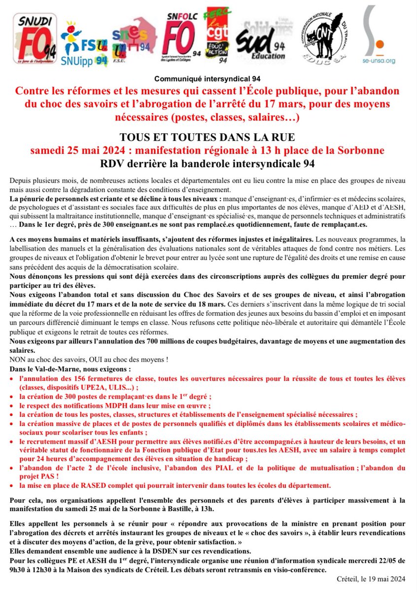 Parents94's tweet photo. PARENTS, ENSEIGNANTS, AESH, CITOYENS du 94: TOUS DANS LA RUE SAMEDI CONTRE LE #ChocDesSavoirs &amp; POUR L’ÉCOLE PUBLIQUE✊
🗣️Affiches&amp;tracts ci-après: à distribuer sans modération!
@ChartrainOlivi2 @PommiersElea @SyLecherbonnier @ElsaMaudet @Elsa_Gambin @EliseL_B @MORUZZIG @FBascoul https://t.co/UEMgm3wKRy