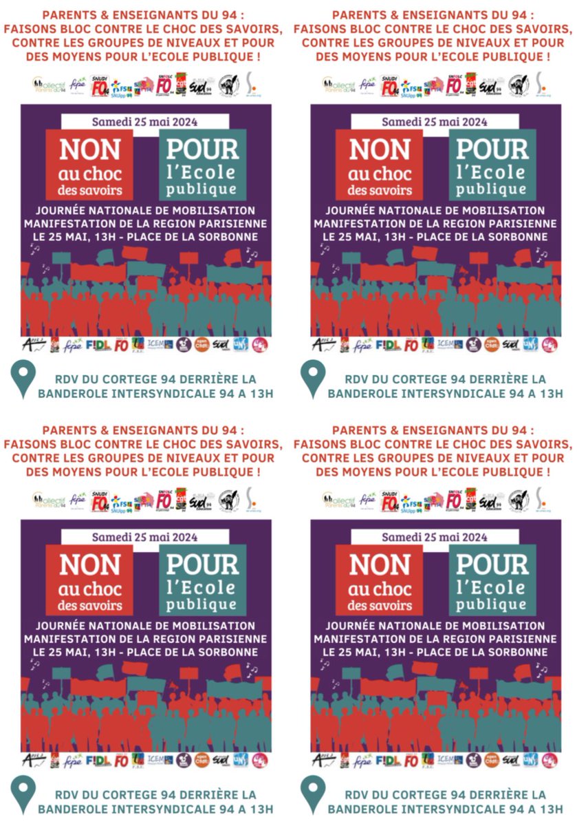 PARENTS, ENSEIGNANTS, AESH, CITOYENS du 94: TOUS DANS LA RUE SAMEDI CONTRE LE #ChocDesSavoirs &amp; POUR L’ÉCOLE PUBLIQUE✊
🗣️Affiches&amp;tracts ci-après: à distribuer sans modération!
<a href="/ChartrainOlivi2/">Chartrain Olivier</a> <a href="/PommiersElea/">Eléa Pommiers</a> <a href="/SyLecherbonnier/">Sylvie Lecherbonnier</a> <a href="/ElsaMaudet/">Elsa Maudet</a> @Elsa_Gambin <a href="/EliseL_B/">Élise Le Berre</a> <a href="/MORUZZIG/">Gérald Moruzzi</a> <a href="/FBascoul/">Florent Bascoul</a>