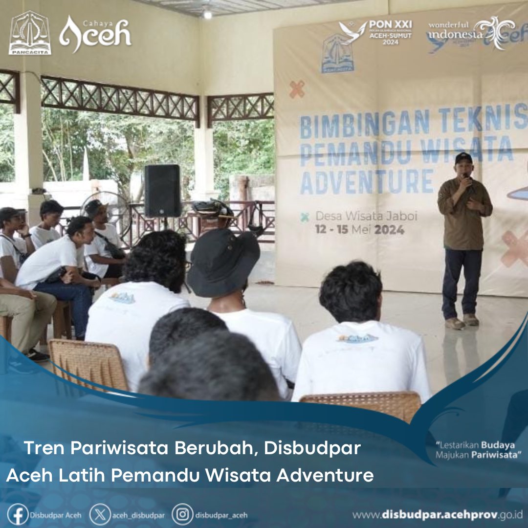 Sebanyak 40 peserta dari Kota Sabang, Banda Aceh dan Aceh Besar mengikuti pelatihan pemandu wisata adventure yang digelar Dinas Kebudayaan dan Pariwisata (Disbudpar) Aceh. Kegiatan itu untuk membekali para pemandu agar lebih cakap di tengah perubahan tren pariwisata.