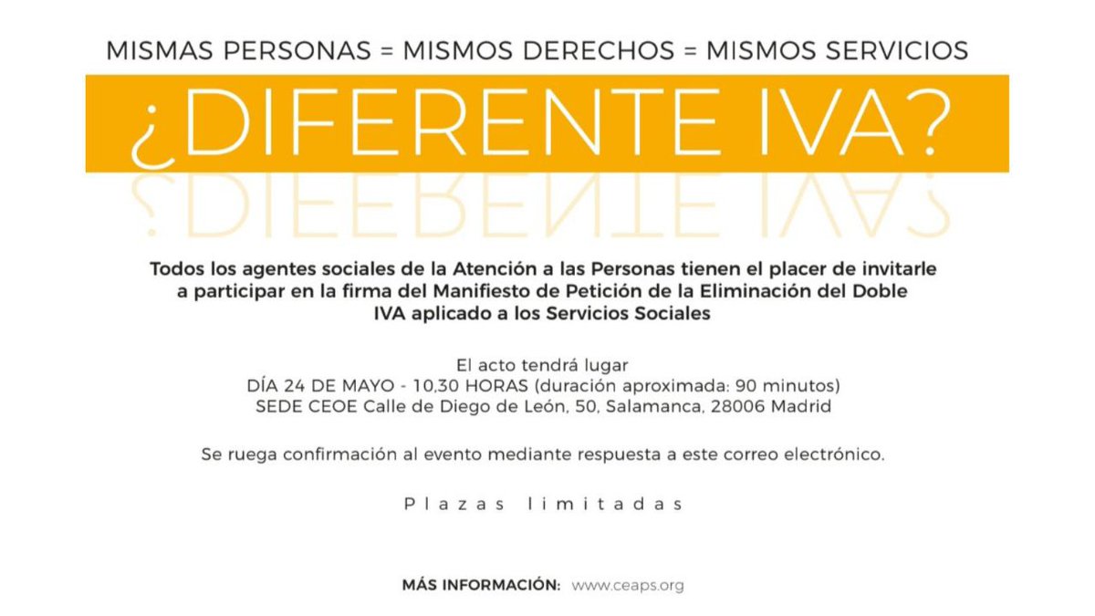 cea_ps's tweet photo. ¿Compartes la idea de que todas las personas que viven en residencias, acuden a un centro de día o de noche, reciben el servicio de ayuda a domicilio o teleasistencia, deberían pagar, sí o sí, el mismo tipo de IVA reducido por los servicios a la Dependencia? 

👇🏽👇🏽👇🏽 Te esperamos https://t.co/T4Lm2J418i