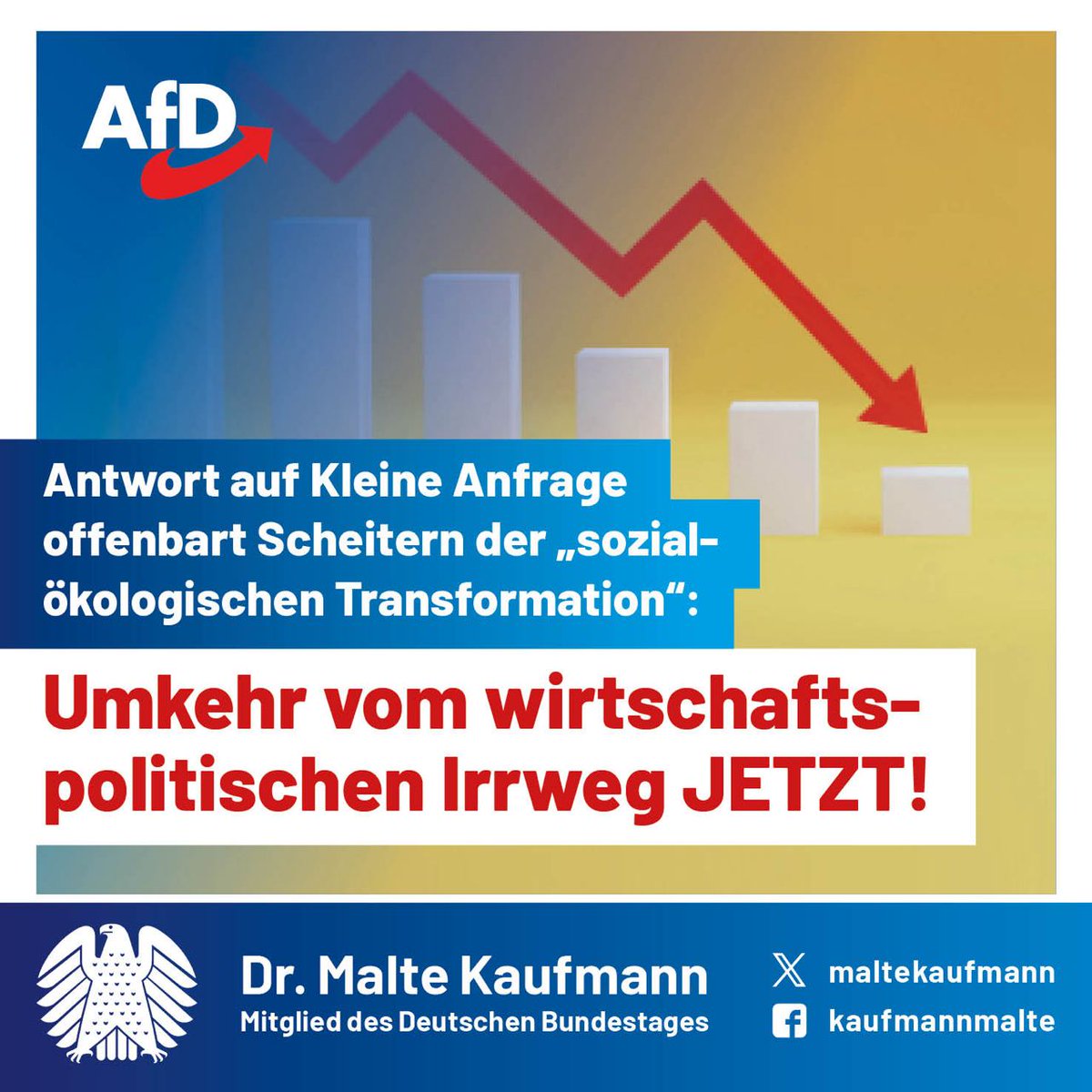 Die Spatzen pfeifen es von den Dächern: Die „sozial-ökologische #Transformation“ ist gescheitert. Die Antwort auf eine Kleine Anfrage der #AfD-Bundestagsfraktion offenbart: Die Standortbedingungen stimmen nicht mehr, #Habeck und #Lindner haben unvereinbare, ja gegensetzliche