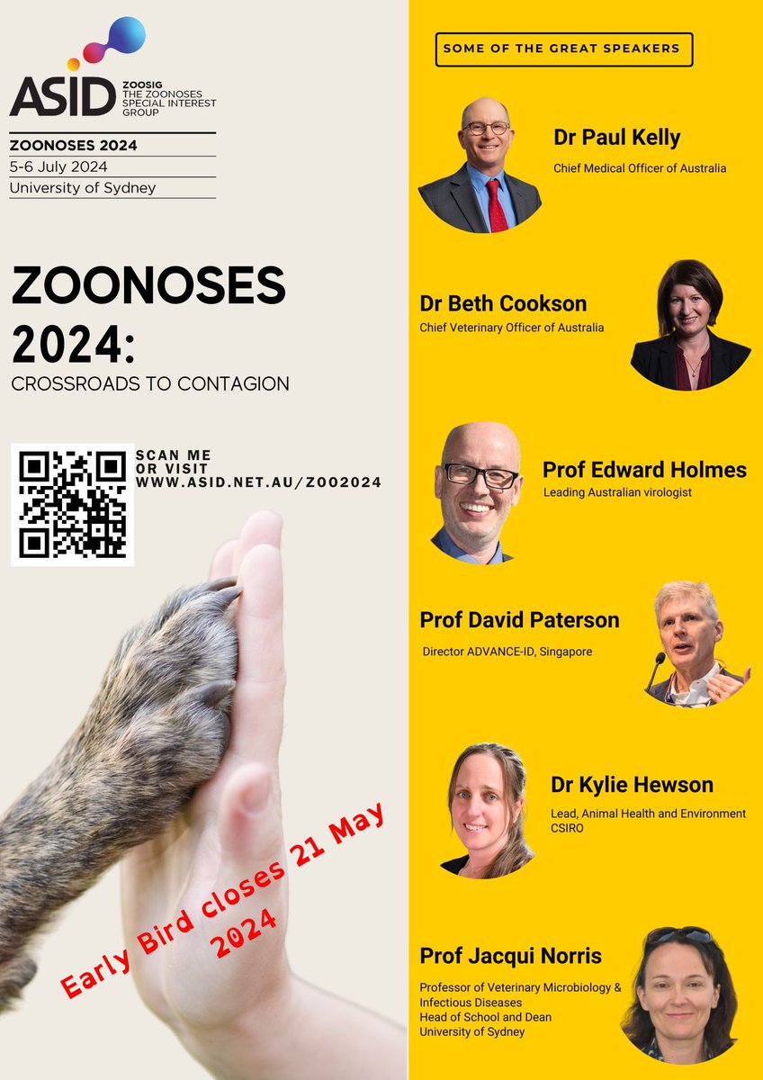 Early Bird for @ASIDANZ #Zoonoses 2024 closes tomorrow 21 May. Don't miss out! Register: bit.ly/3SLfk5k