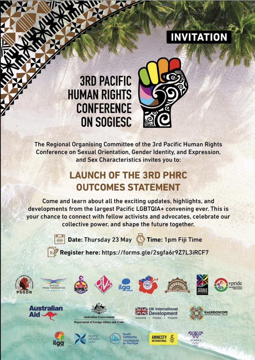 Virtual Launch of 3rd @phrcsogiesc Outcomes Statement! 🌈 All the exciting updates, highlights & devs from the largest Pacific #LGBTQIA+ convening ever: 📷Register: forms.gle/98kJBykgaHgidr…… #PHRC2024 #StopPatriarchicalSystems #BuildFeministSystems