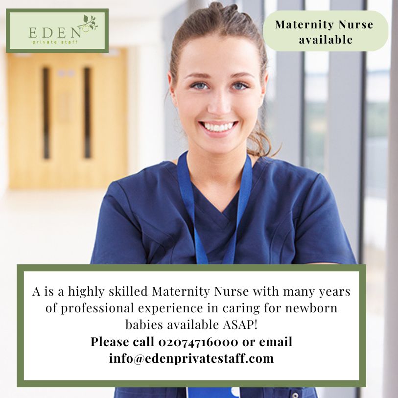 A is a highly skilled Maternity Nurse with many years of professional experience Available ASAP - please call 02074716000 or email info@edenprivatestaff.com

edenprivatestaff.com/resume/materni…
#MaternityAgency #maternityleave #maternity #maternitynurse #maternityjobs #midwifejobs