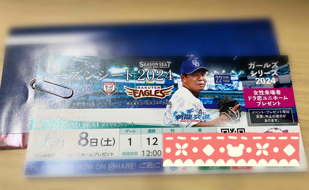 6/8（土）中日ドラゴンズvs東北楽天 ペアチケットバンテリンドーム