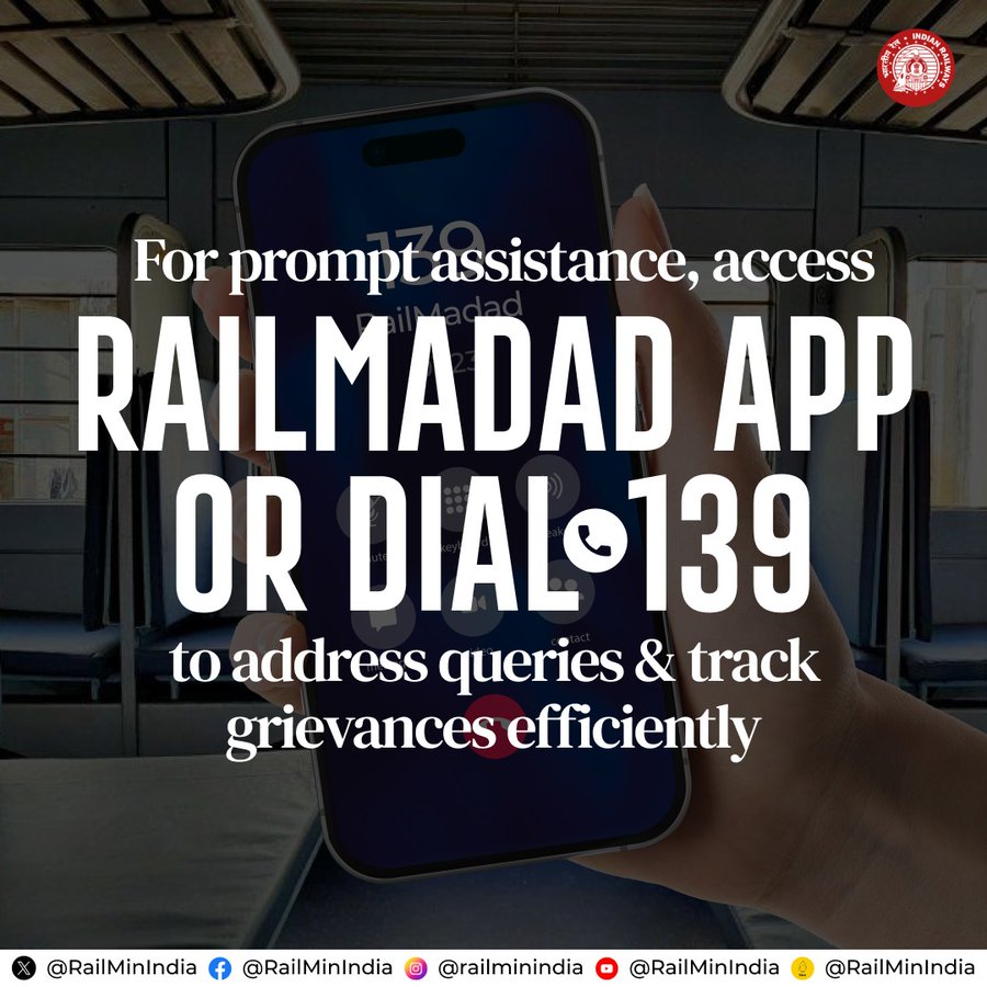 #RailMadad, your go-to portal for Railway-related redressal and assistance while travelling.  
Download it now...