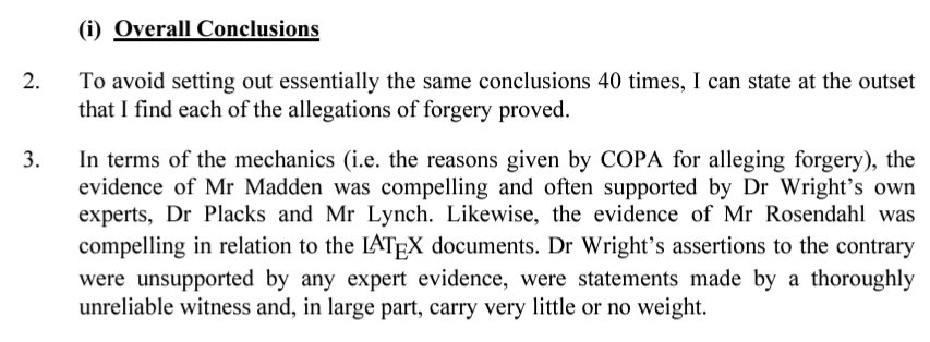 Judgment Justice Mellor dropped just now. 'I find each of the allegations of forgery proved.' 'Dr Wright's assertions [...] were statements made by a thoroughly unreliable witness' Boom. The tone is set.