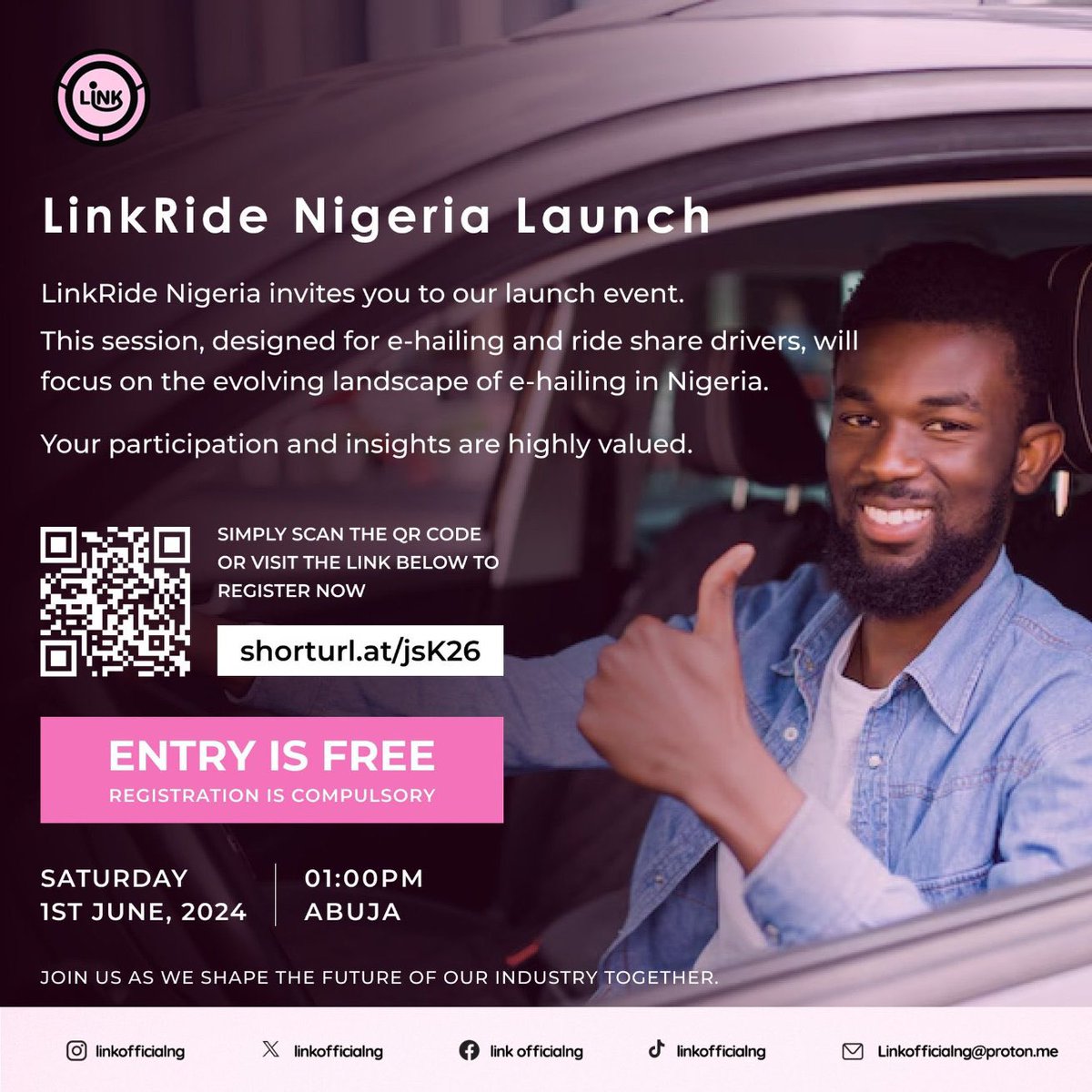 💥💥💥💥💥💥💥💥💥 11 DAYS TO GO!!! Calling all #Abuja rideshare #drivers! You're invited to the Launch of #LinkRide Nigeria June 1st, 2024 1:00 PM Prompt Entry is FREE. Register 👉👉bit.ly/LinkRideLaunch For inquiries, contact Linkofficial@protonmail.com Please RT.