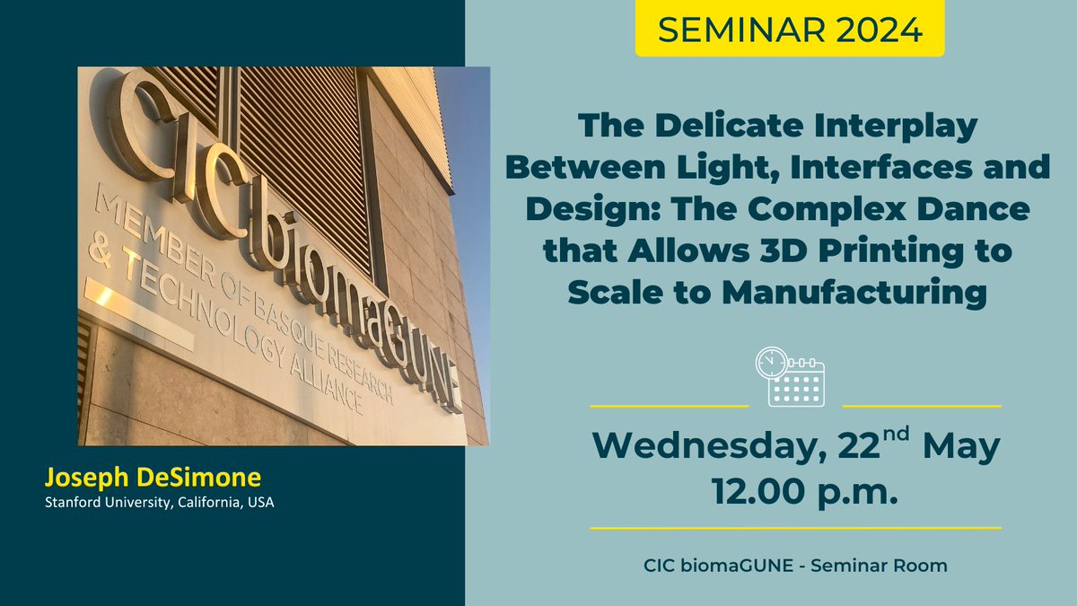 CICbiomaGUNE's tweet image. #CICbiomaGUNEseminars

👨‍🏫 Prof. Joseph DeSimone
🗓️ May 22, 2024
✅ The #Delicate #Interplay Between Light, Interfaces and Design: The Complex Dance that Allows #3D #Printing to Scale to #Manufacturing

#science #ciencia #research #investigacion #seminar #seminario #donostia