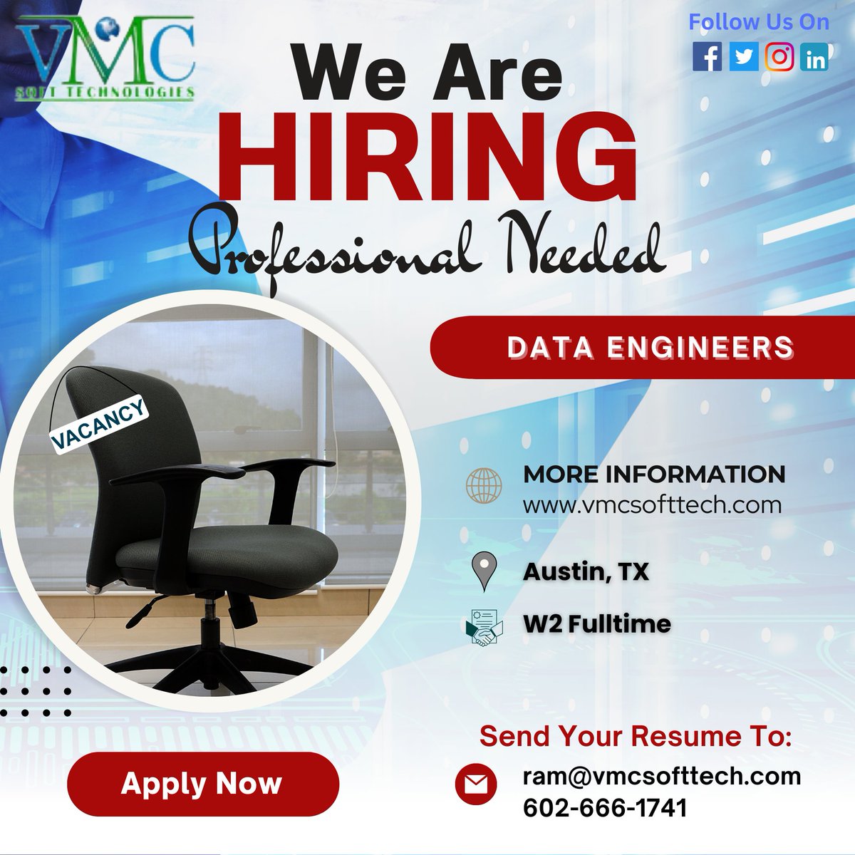 VMC Soft Technologies looking for a Data Engineer in Austin,TX Job Title: Data Engineer Locations: Austin , TX Contract: W2 Full-Time For more details: ram@vmcsofttech.com/ 602-666-1741 #dataengineering #datascience #bigdata #machinelearning #artificialintelligence