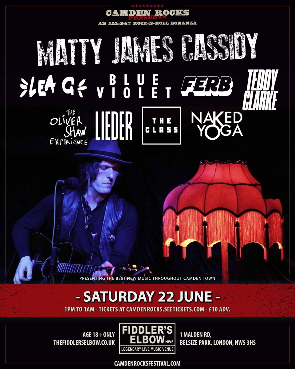 NEW SHOW ‼️ #CamdenRocks presents an all-day rock-n-roll bonanza featuring @MattyJCassidy @TheTeddyClarke @TheClass_Band18 & more live at @FiddlersCamden on Saturday 22 June. TICKETS & BAND LINKS 🎟️ facebook.com/events/4377122… With after party at @CamdenRocksClub @TheUnderworld!