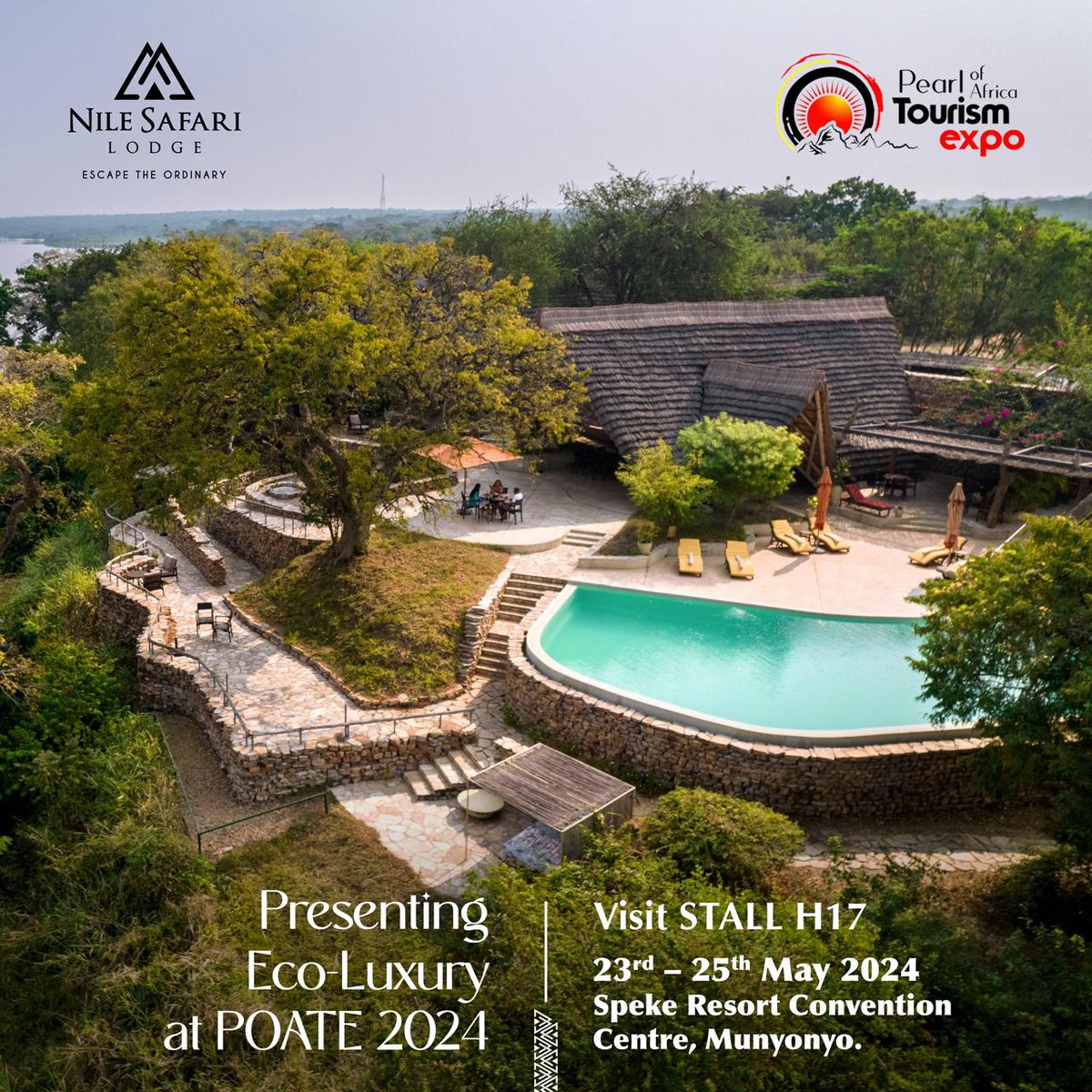 We'll be presenting eco-luxury at the Pearl of Africa Tourism Expo 2024!
Visit us at stall H17 to discover our exclusive, luxurious, and eco-friendly hospitality offerings.
See you all on 23rd - 25th May 2024 at Speke Resort, Munyonyo! 
#nilesafarilodge #exploreuganda #POATE2024