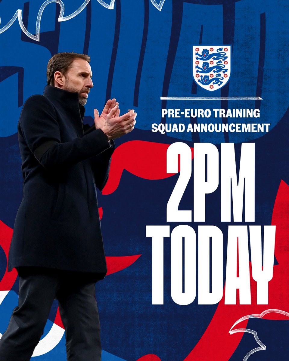 Today's the day 🤩 Gareth Southgate will name his pre-#EURO2024 training squad for our fixtures against Bosnia & Herzegovina and Iceland at 2pm.