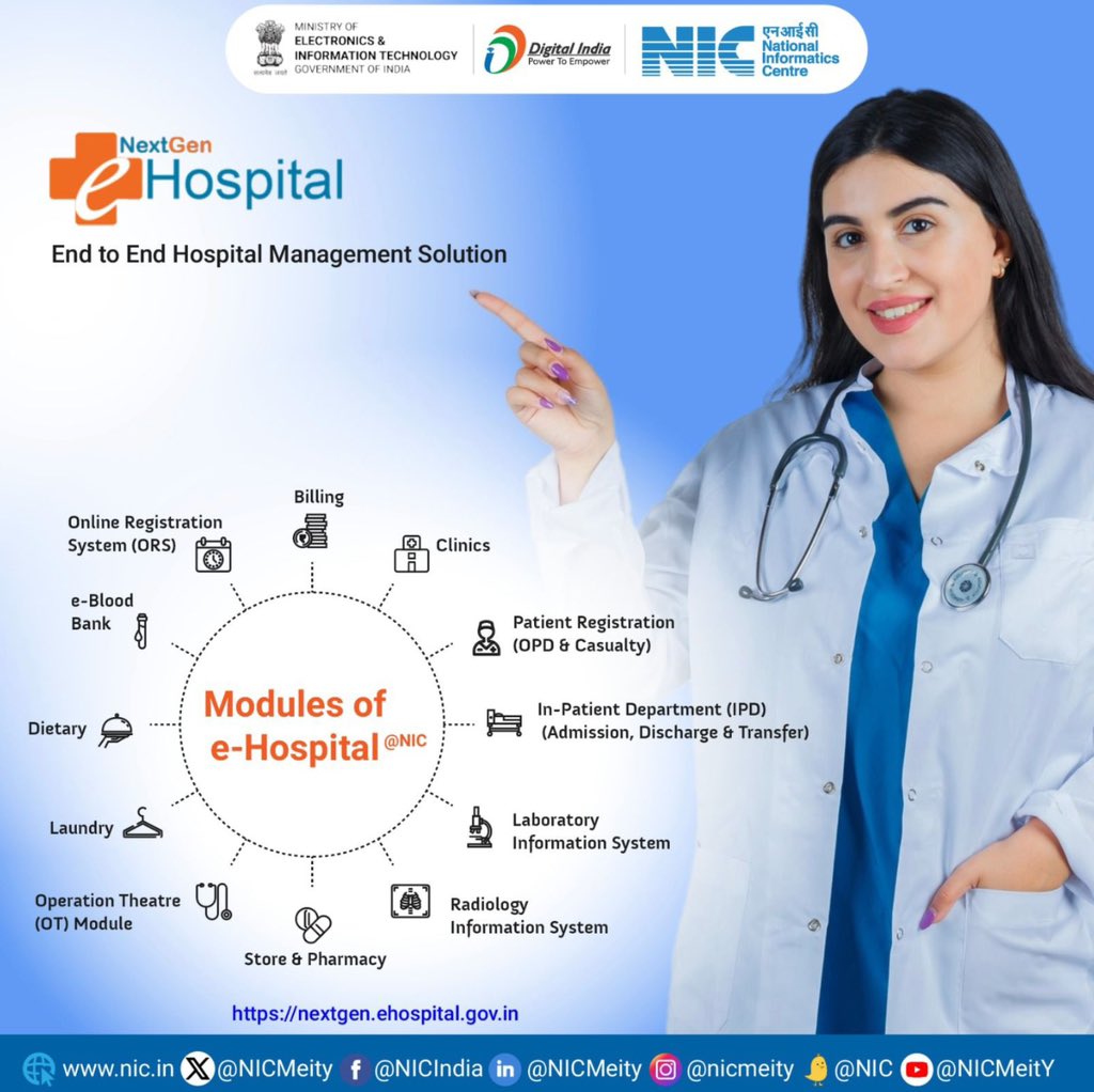 The #eHospital system by @NICMeity is a one-stop solution connecting patients, hospitals and doctors on a single digital platform. The system improves #healthcare service delivery by digitizing the internal workflows & processes of hospitals. ➡️nextgen.ehospital.gov.in #NICMeitY