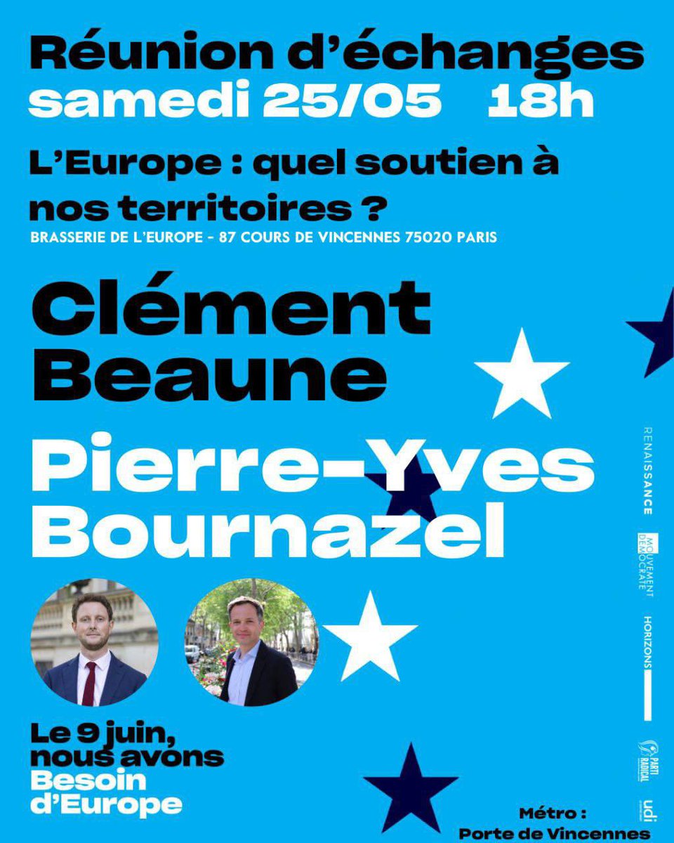 Le 25 mai à 18h, venez échanger avec @pybournazel et @CBeaune. 
L’#Europe est une force, une chance pour notre pays, nos territoires, un atout pour répondre aux crises. La liste @BesoindEurope conduite par @ValerieHayer porte un programme ambitieux et crédible.
#Paris12 #Paris20