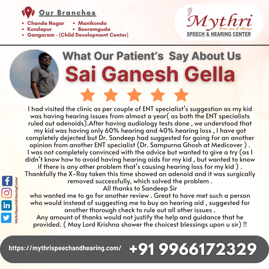 #5StarReview #ThankYou #Gratitude #PatientAppreciation #ExceptionalService #SpeechTherapy #Audiology #CochlearImplant #Hyderabad #MythriSpeechAndHearing #DrSandeepNeela #Audiologist #AutismSpecialist #CertifiedSpecialist #PatientExperience #PositiveFeedback #Testimonial