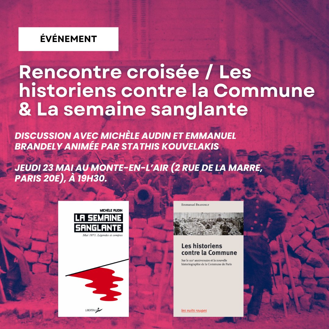 Contretemps (média) 🔻🚩 (@srcontretemps) on Twitter photo À ne pas manquer jeudi soir à la librairie <a href="/lemontenlair/">Le Monte-en-l'air</a> (Paris 20e) : une rencontre autour de l'histoire de la Commune de Paris avec Michèle Audin et Emmanuel Brandely, animée par Stathis Kouvélakis (membre de la rédaction de Contretemps) ✊🚩 À ne pas manquer jeudi soir à la librairie <a href="/lemontenlair/">Le Monte-en-l'air</a> (Paris 20e) : une rencontre autour de l'histoire de la Commune de Paris avec Michèle Audin et Emmanuel Brandely, animée par Stathis Kouvélakis (membre de la rédaction de Contretemps) ✊🚩