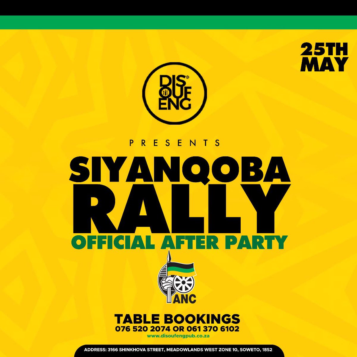 Make May 25th one for the books! Don't miss the ANC Siyanqoba official after-party at @DISOUFENG_PUB, hosted by Kea. It's going to be a night full of energy and excitement! 🎉🔥 #AncAtDisoufeng #SiyanqobaRally Siyaqoba Rally