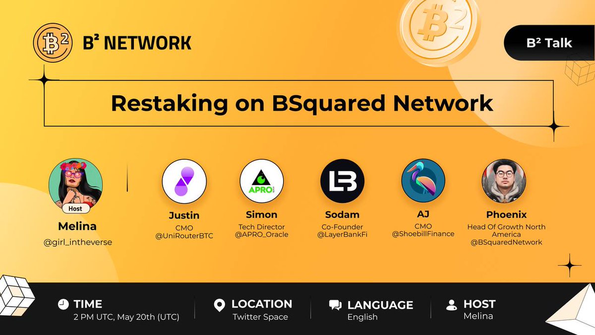 B² Network AMA session! 📣 🔸 Restaking on BSquared Network ⏰ 2:00 PM UTC, May 20th 🔗x.com/i/spaces/1yoKM… Hosted by Melina @girl_intheverse 🗣 - Justin, CMO @UniRouterBTC - Simon, Tech Director @APRO_Oracle - Sodam, co-founder @LayerBankFi - AJ, CMO @ShoebillFinance -