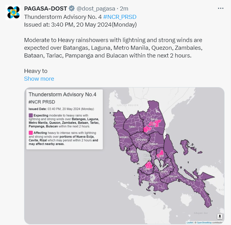 #DZLBNews WEATHER ALERT | Asahan ang bahagya hanggang sa malakas na pag-ulan at pagkidlat na may kasamang malakas na hangin sa Batangas, Laguna, at Quezon sa susunod na dalawang oras. Nakakaranas na ng malakas na pag-ulan ang ilang bahagi ng Rizal at Cavite.