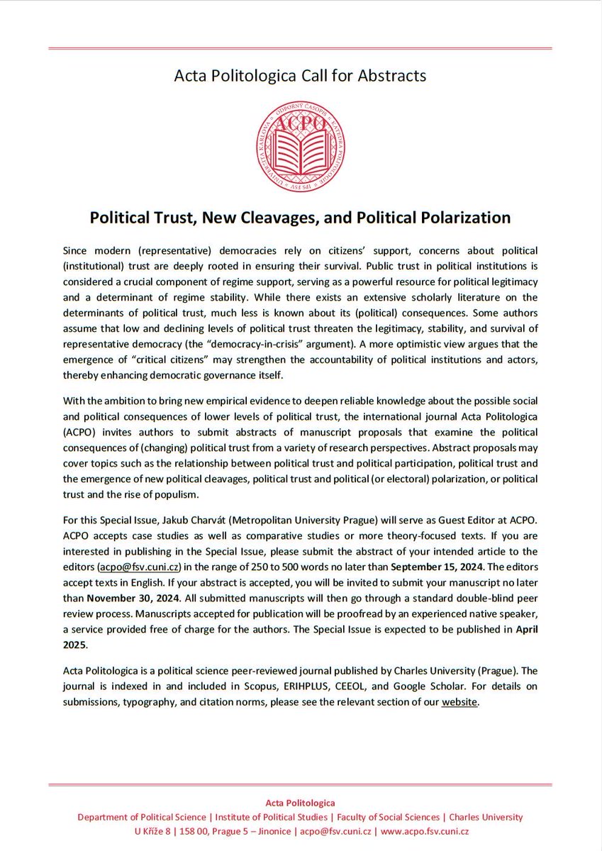 🚨CALL FOR ABSTRACTS 

Our AcPo journal (@IPS_FSV_CUNI) invites submissions on political trust and its aspects, new #cleavages, and political #polarization. Share your insights with us! 

⏰Abstract deadline Sep 15, 2024
⏰Manuscript deadline Nov 30, 2024

#CallForAbstracts
