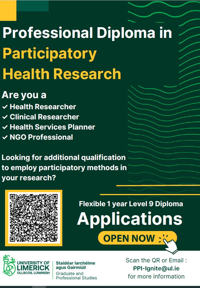 Are you a research or clinical professional seeking additional qualifications to employ participatory processes in your research? Learn more about Participatory Health Research (Professional Diploma), delivered by UL's School of Medicine 👉 ul.ie/gps/courses/pa… #StayCurious