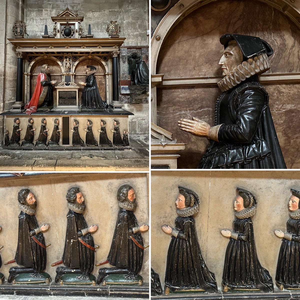 Alderman Thomas Machen (d.1614),merchant and 3x mayor of Gloucester kneels in his mayoral robes facing his wife of some 50 years, Christian (nee Baston, d.1615) with their their children below Gloucester Cathedral. #MonumentsMonday