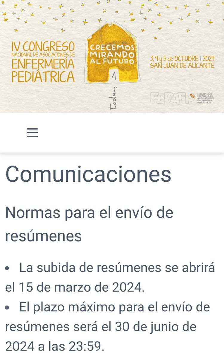 🟣"CONGRESO NACIONAL DE ASOCIACIONES DE ENFERMERÍA PEDIÁTRICA"

🌀30 de junio es la fecha fin de entrega de comunicaciones

🔗congreso.fedaep.es/comunicaciones