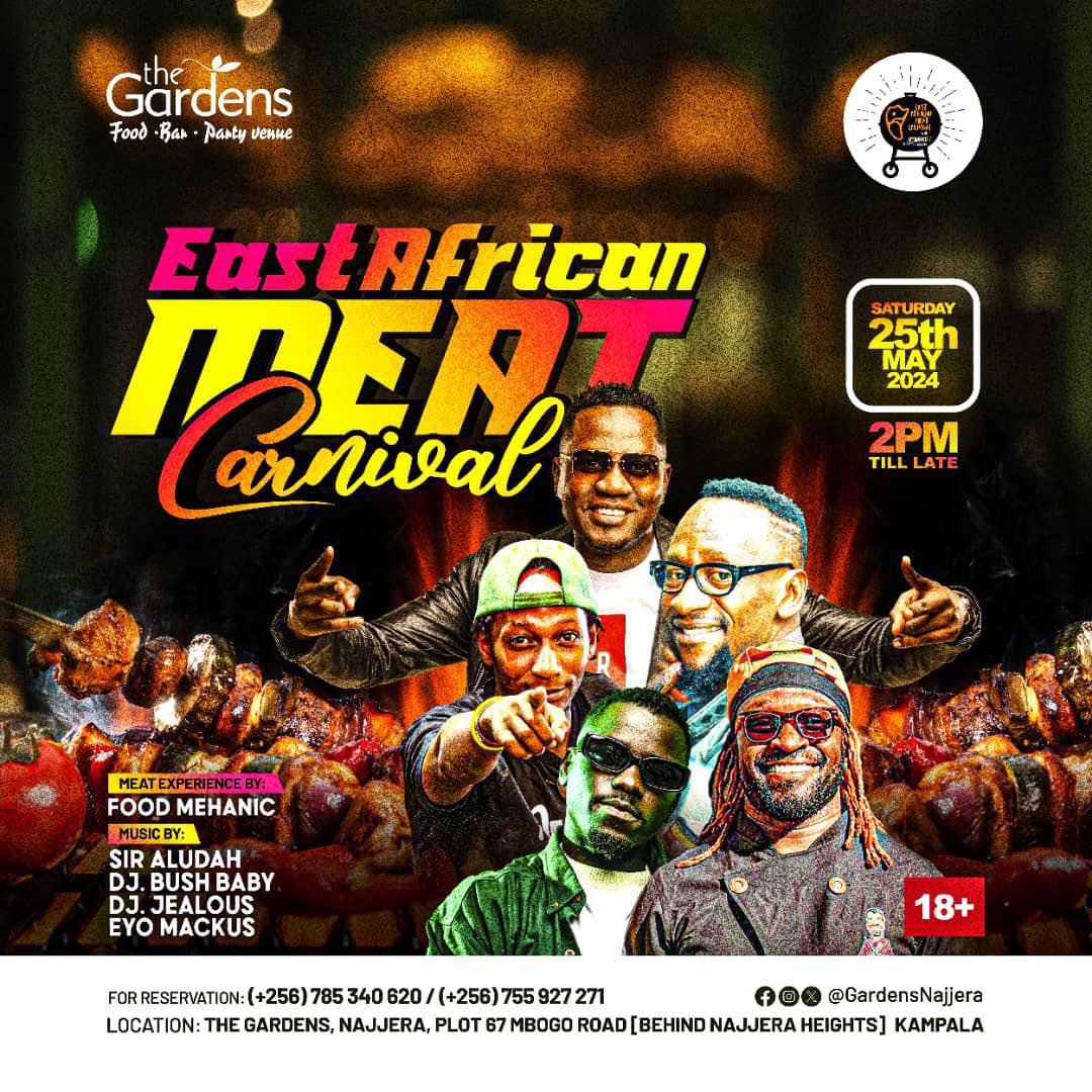 PLOT: 25/05 

📌 Experience the East African Meat Carnival, where Nyama flavor meets UTAKE tunes (EATV Memories) and groovy vibes.

📍@GardensNajjera 

Music Policy: @djbushbaby, @DjAludah, @EyoMackus, & DJ Jealous. 

BBQ 🍖🍗: @Mo_Chef_Mu