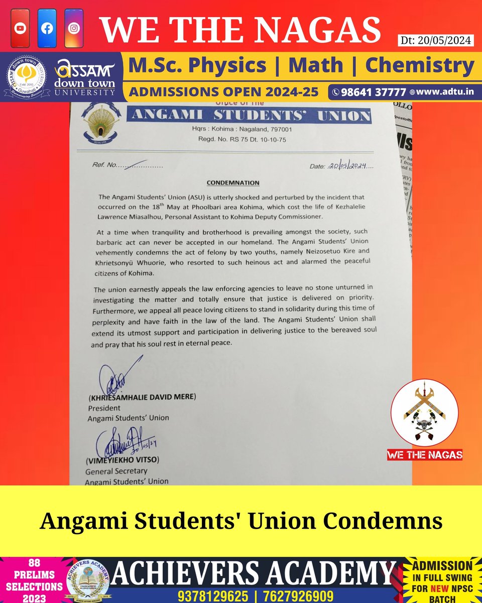 Angami Students' Union Condemns.