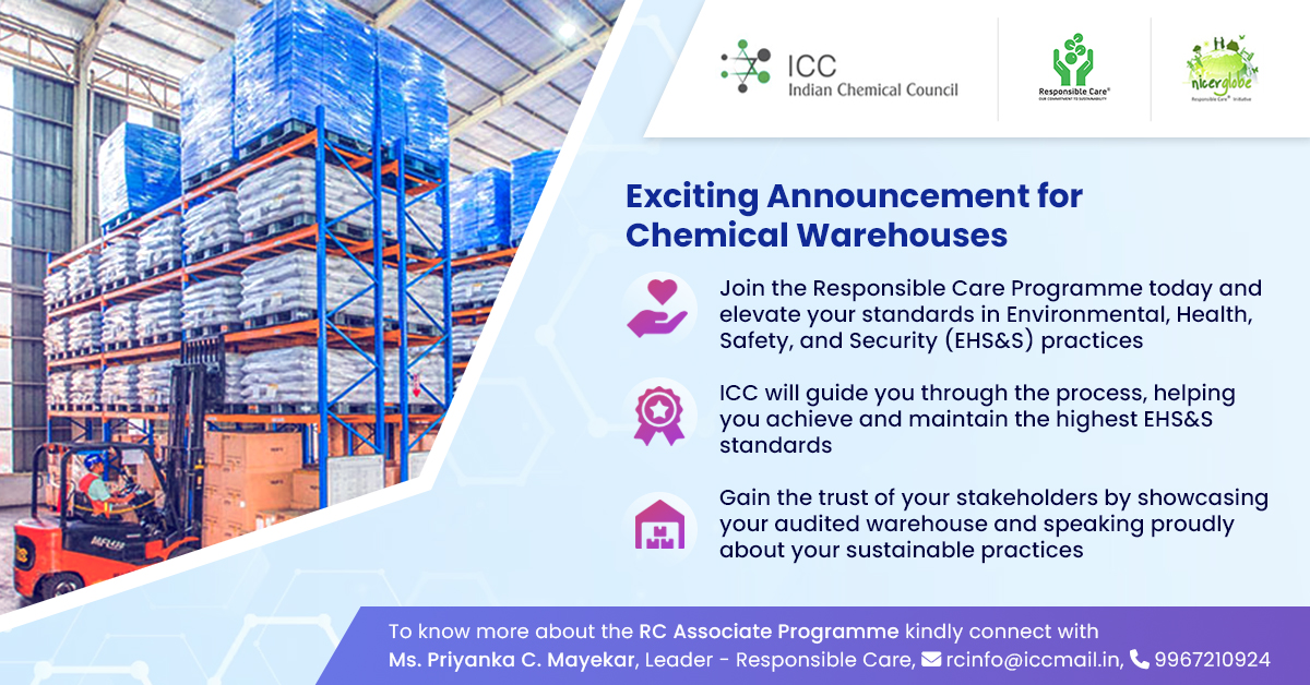 Want to elevate the EHS&S standards for your chemical warehouses? Join our Responsible Care Programme. 
Contact: Ms. Priyanka Mayekar, Leader- Responsible Care 
Email: rcinfo@iccmail.in, Mobile No.: 9967210924 #ResponsibleCare #chemicalwarehouses #Environmentalhealthsafety