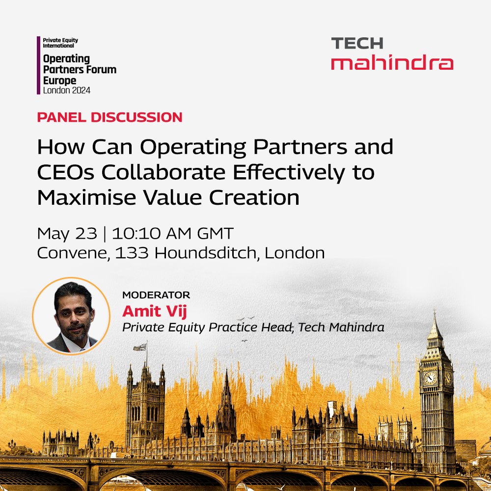 Meet @tech_mahindra at the Operating Partners Forum Europe and gain insights where Amit Vij, our #PrivateEquity Practice Head will host a Panel discussion with our esteemed panelists: Maria Orlowski, Simon Hardy, Ralph Friedwagner, Naresh Kumar, Johann Dupont to explore ‘How