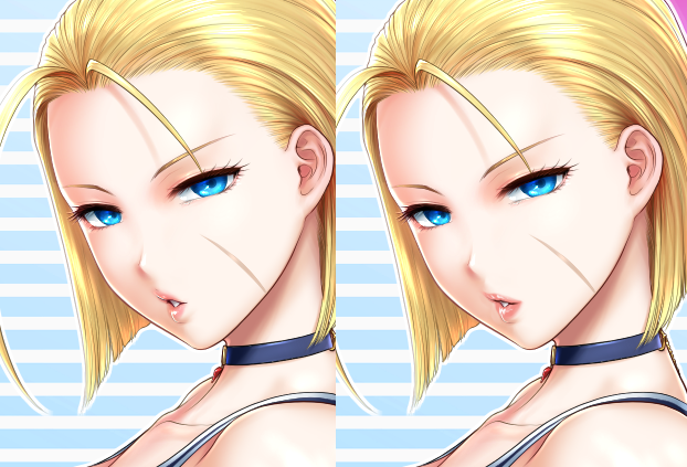 まだ表紙キャミィ弄ってる・・・
未だに唇で悩んでる・・・左が先週一旦完成って置いといたもの。
右が昨夜縮小表示された時に見栄えが良いかなと思いついてちょっと大きくしてみたもの。
どっちが良いのかなぁ・・・。 