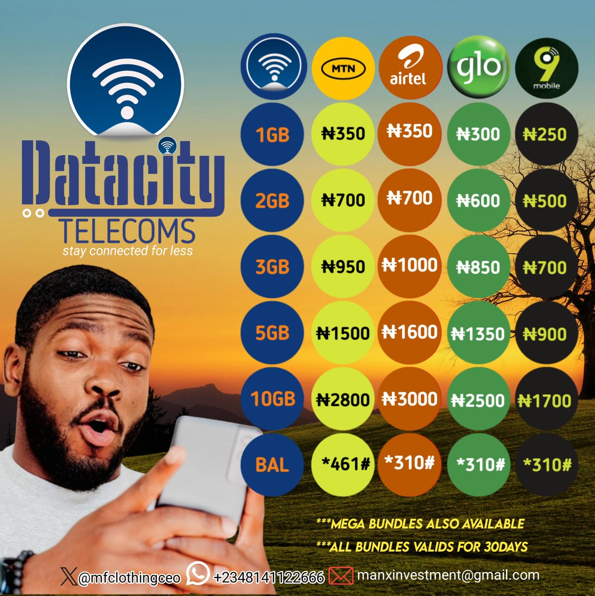 🔸Data for all network
🔸Airtime recharge
🔸Cable subscription
🔸Airtime to cash
🔸Giveaway plug
🔸Cash disbursement
🔸 Bet account funding

👤DataCity Telecoms
📍Nationwide
☎️08141122666
📌Best price, excellent service
#VendorsPRO
Kindly RP 🙏🏾