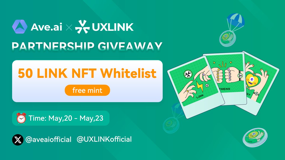 Ave.ai ✖️ @UXLINKofficial Partnership Giveaway🎉🎉 🎁 50 LINK NFT Whitelist > free mint 🕙 May 20 - May 23 RT&💗 tag 3 friends 👉Click to join: rewards.taskon.xyz/campaign/detai… #airdrops #NFTdrops #UXLINK