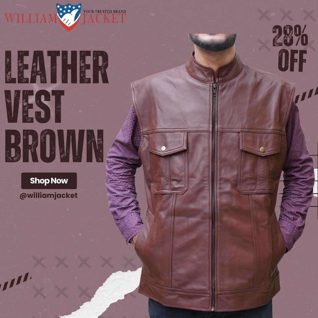 williamjacket's tweet photo. Ditch the jacket, rock the vest!  This brown leather vest is the perfect layering piece for the coming fall season. Stay warm and stylish all season long. #LeatherLove #AutumnVibes #UnisexStyle #ShopNow https://t.co/IGD0uAlkJl