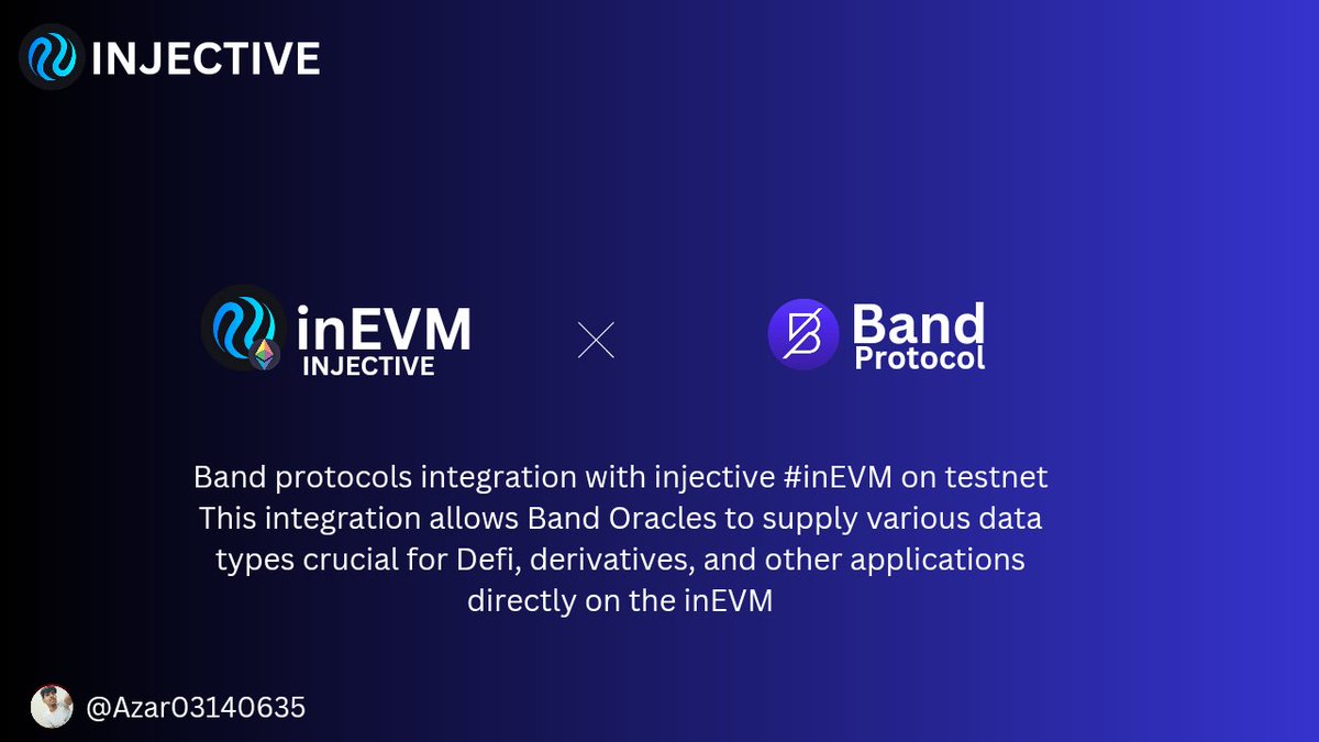 Azar03140635's tweet photo. NEW INTEGRATION ANNOUNCEMENT ๐ข
@BandProtocol joins forces with @injective, integrating with #inEVM on testnet.
This collaboration enables Band oracles to furnish vital data types for DeFi, derivatives, and more directly on the inEVM platform. #BlockchainIntegrate #injective https://t.co/3FlhTOFrX7
