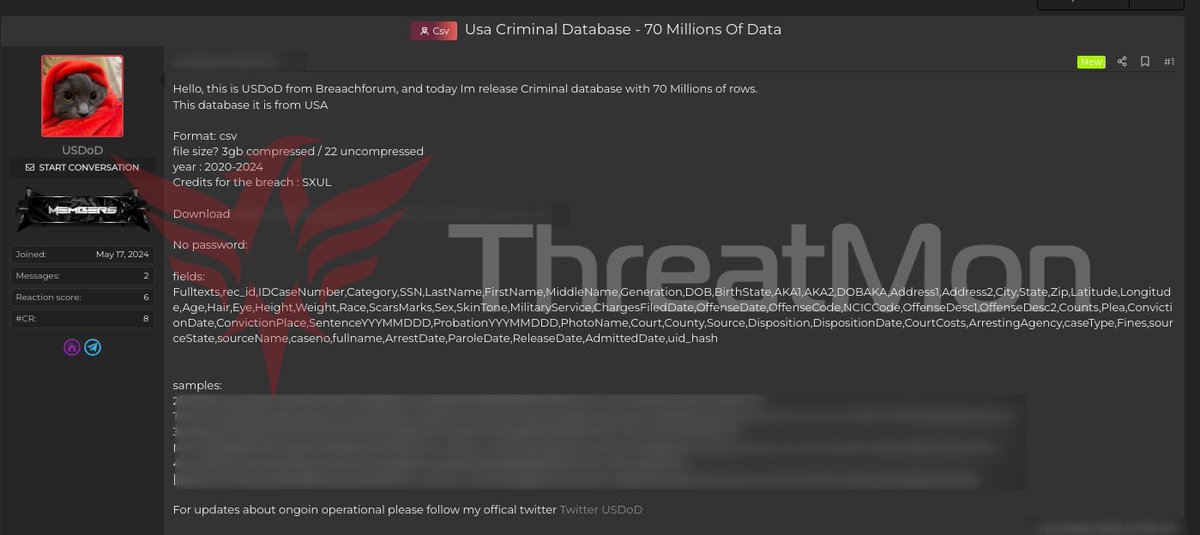 🇺🇸 Alleged Leak of US Crime Database A popular threat actor, #USDoD, claimed to have leaked a 70 Million line Criminal database from the #US. The database allegedly covers the years 2020-2024. #Darkweb #Database #Dataleak #CTI #ThreatIntelligence