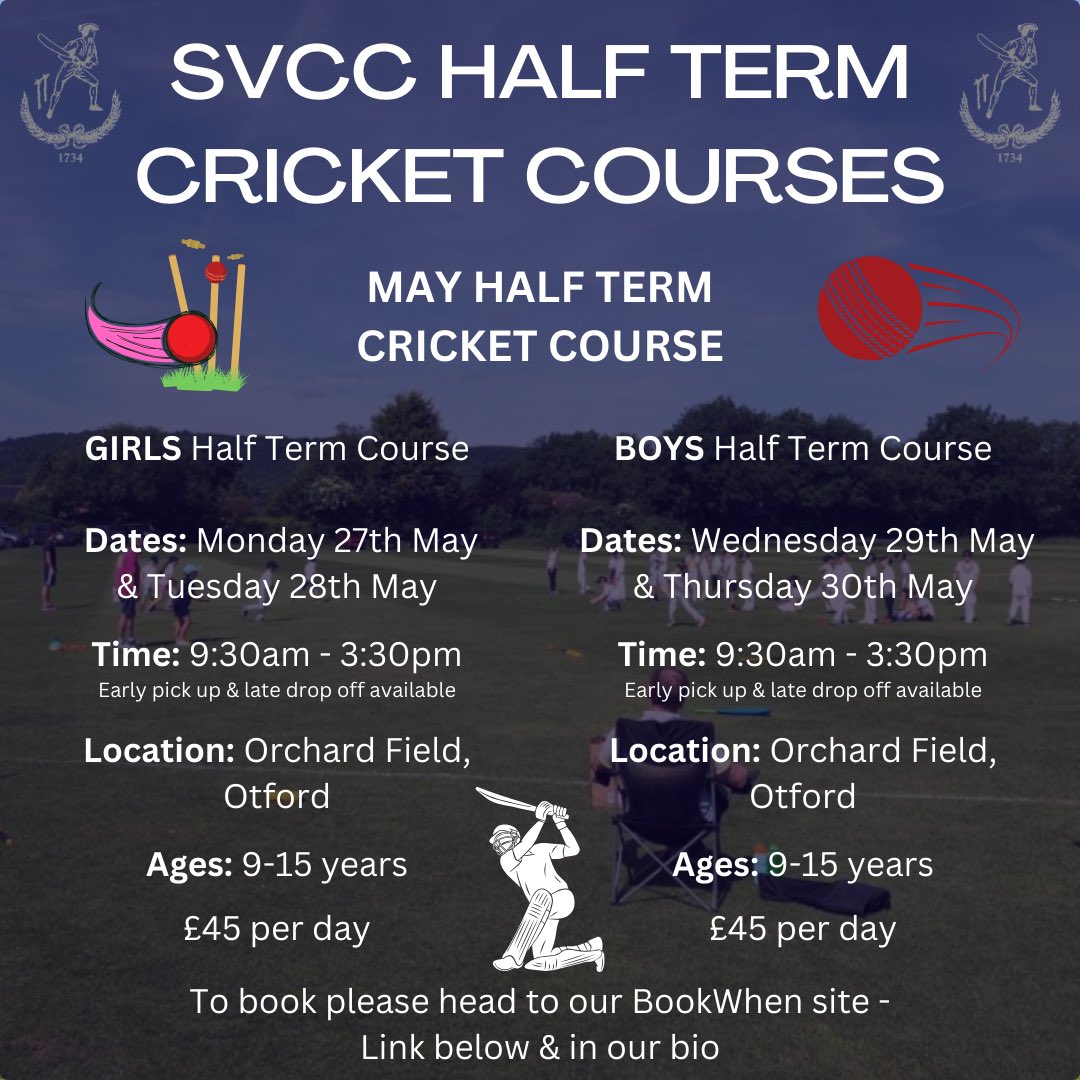 Half Term Cricket Course 🏏

We are running cricket courses next week during half term and they can be booked via the link in our bio, story or below

Sign up now to secure your place

bookwhen.com/svcc121

#svcc1734