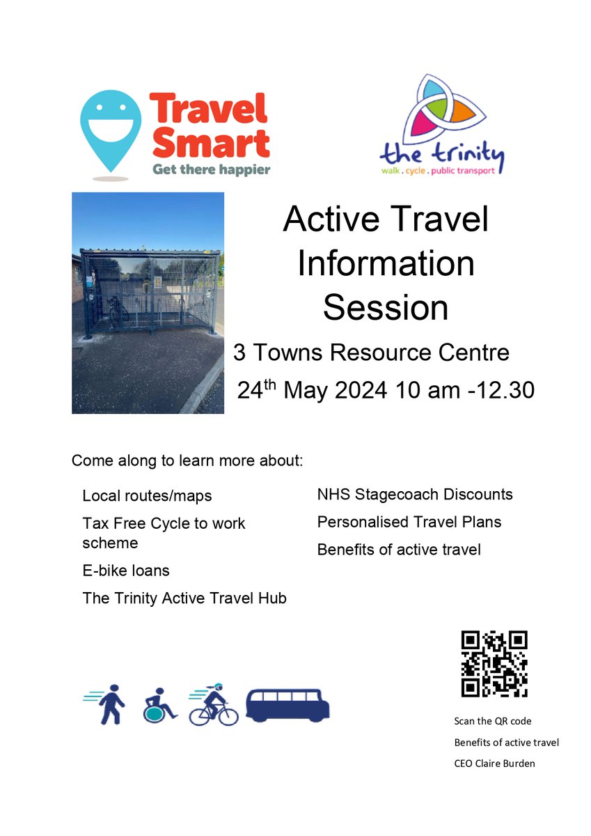 3 Towns Active Travel information session - 24th May 10am - 12.30pm at the 3 Towns Resource Centre. You can learn about local routes, personalised travel plans, E-bike loans to the benefits of active travel plus so much more. Why not pop along?