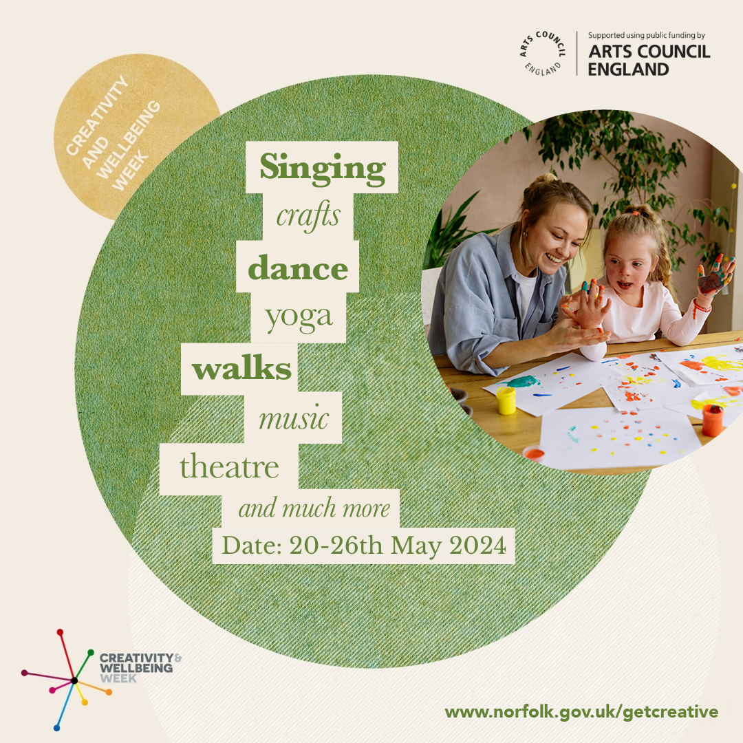 Norfolk's #CreativityandWellbeingWeek starts today with over 36 orgs/artists participating & 70+ events programmed including: craft sessions, theatre performances, dance/singing workshops, yoga, walks, exhibitions & more

bit.ly/3WDojb2 
#NCWW24 @NorfolkCC @LAHArtsHealth