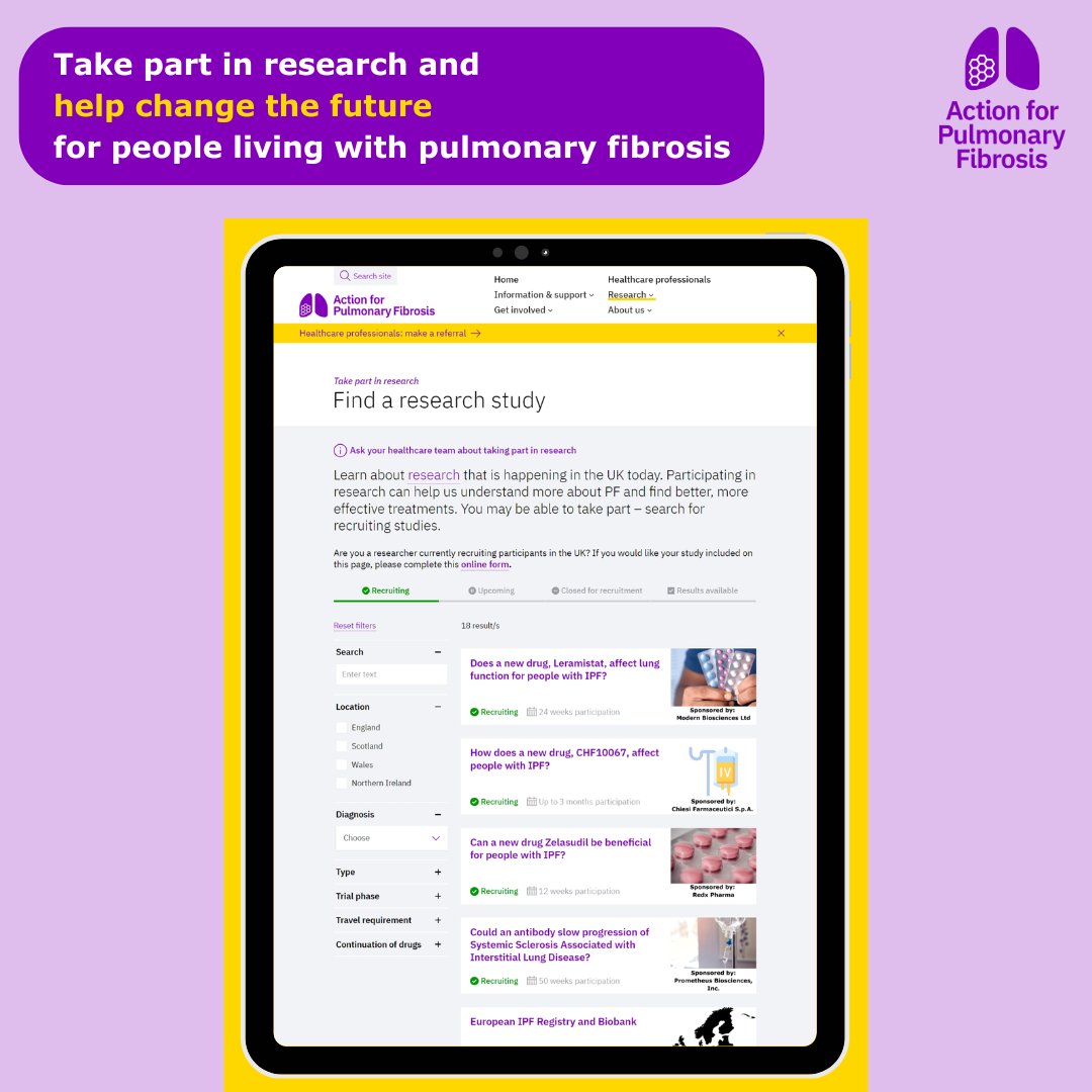 This #InternationalClinicalTrialsDay we’re celebrating everyone who's involved in #research. Today we’re launching our Study Finder. Take a look at the exciting research happening in the UK & find out how you can help to stop fibrosis: actionpf.org/research/take-… #pulmonaryfibrosis