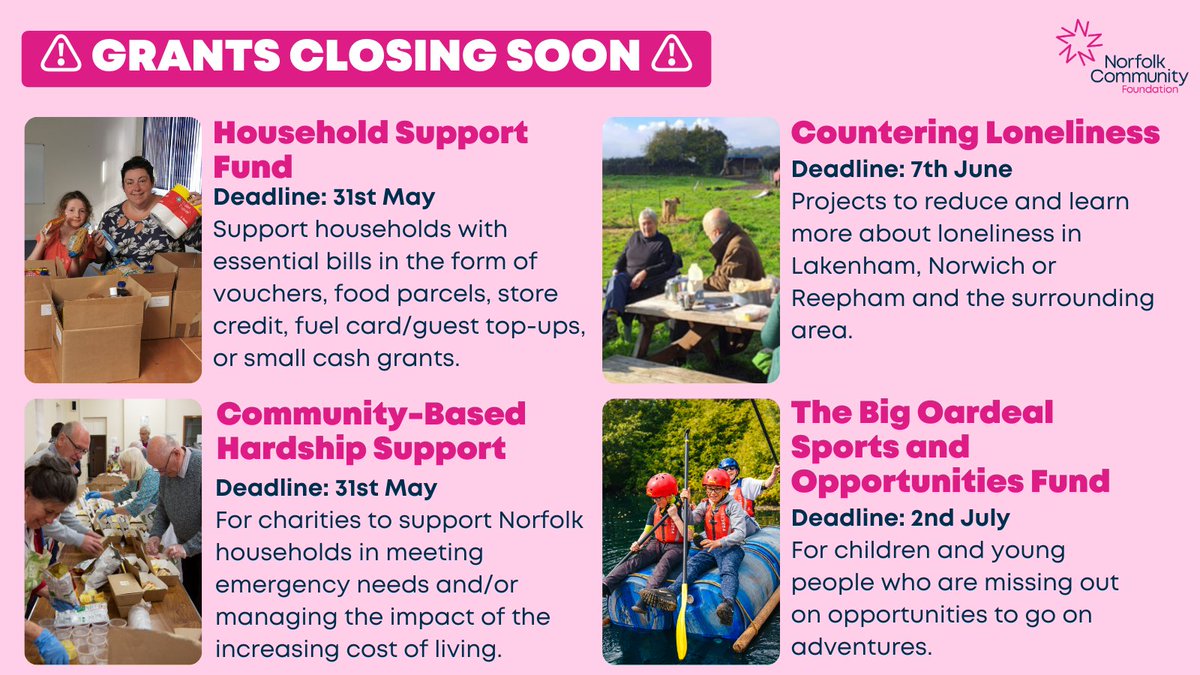 ⚠️ Grants closing soon! ⚠️ ➡️bit.ly/353utZC 👨‍👩‍👧‍👦 Community-Based Hardship Support 🏘️ Household Support Fund 🧑‍🤝‍👩 Countering Loneliness 🛶 The Big Oardeal Sports and Opportunities Fund ➕Plus many more!