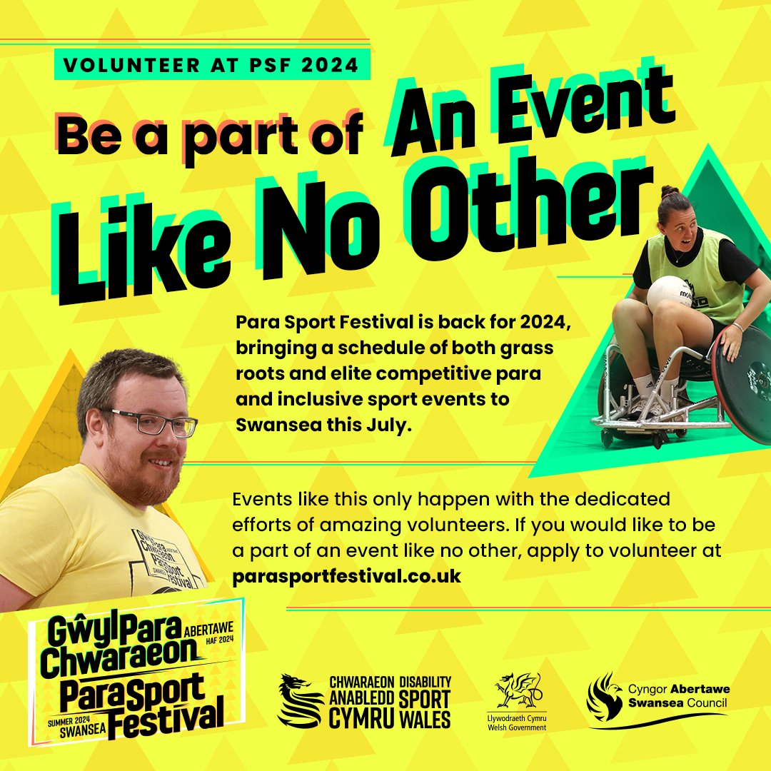 🤔 Do you want to volunteer at the 2024 Para Sport Festival in Swansea this summer?

Complete this form to apply:
🔗 ow.ly/tHCN50RqZfN