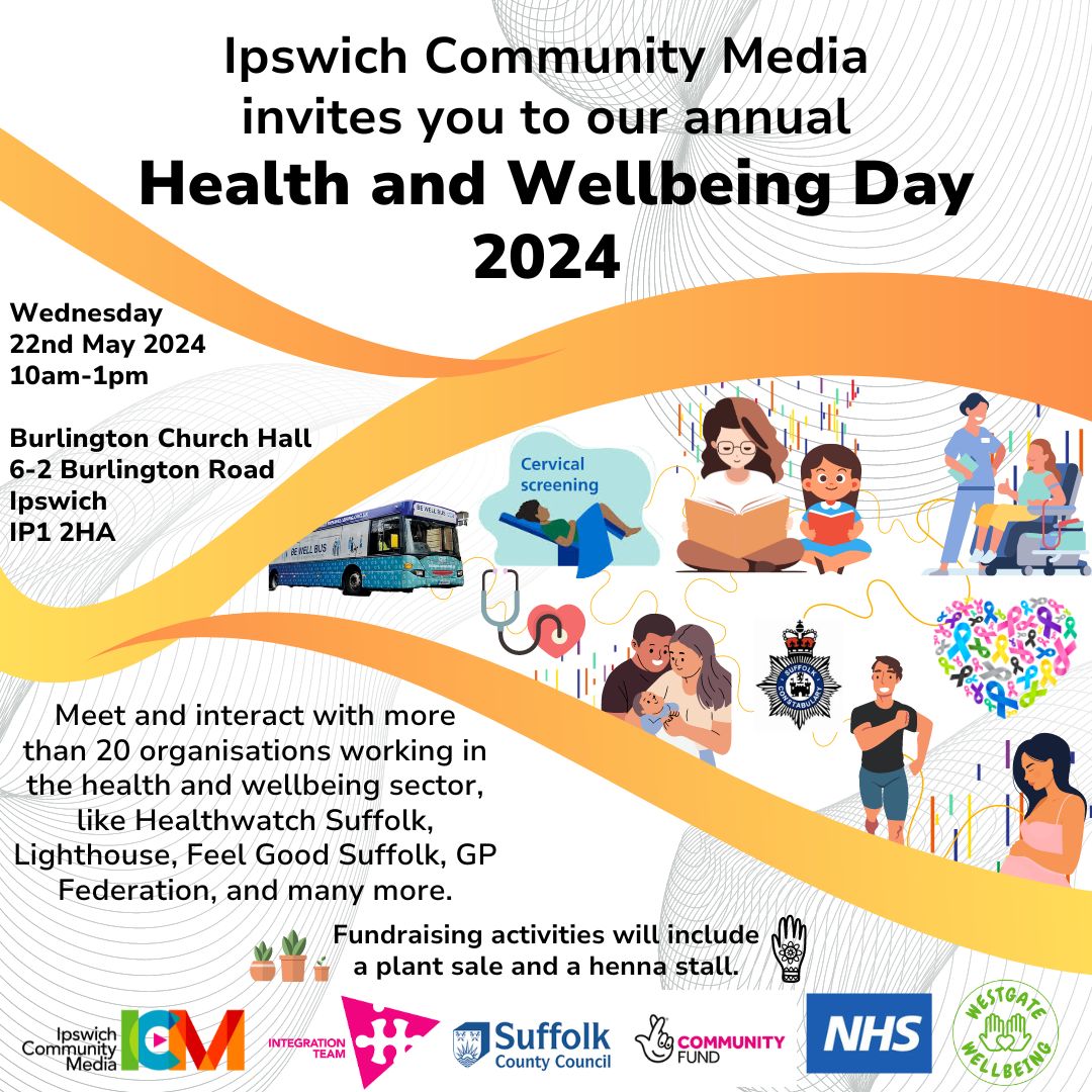 The @ipswichcm invites you to their annual Health and Wellbeing Day! Come along and meet over 20 organisations working in the health and wellbeing sector, including @HWSuffolk, @LighthouseWAid, Feel Good Suffolk, @SuffolkGPFed, and many more.
