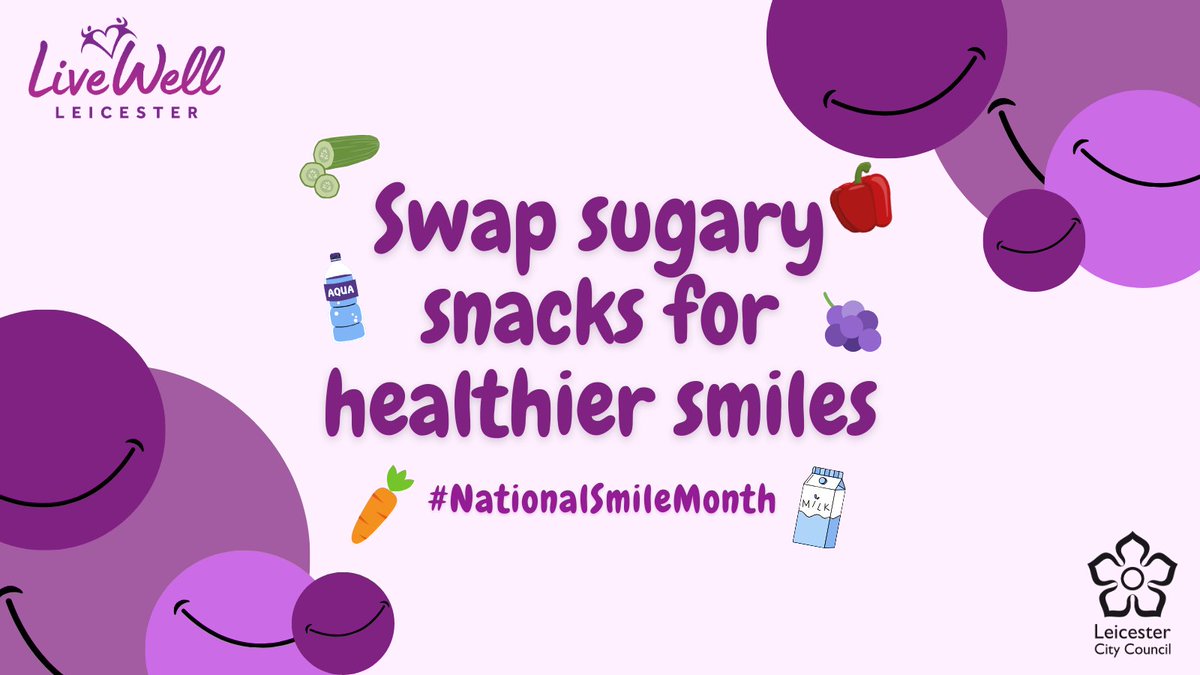 The second week of #SmileMonth is about how your diet impacts your mouth. Diet tips for a healthy mouth: 🥛Choose still water or milk 🍿Reduce snacking between meals 🥦Eat a healthy diet ⌚Wait an hour after eating to brush leicester.gov.uk/health-and-soc… #NationalSmileMonth