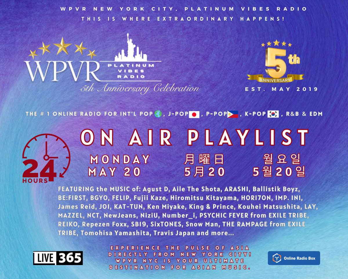 🎵Greetings Platinum World! This is the WPVR NYC 24-hour playlist for Monday, May 20. Thank you as always for listening! / PVRワールドの皆さん！5月20日 のWPVR NYC 24時間プレイリストです。いつもお聴きいただきありがとうございます！/ 5월 20일 WPVR NYC 24시간 재생목록입니다. 항상