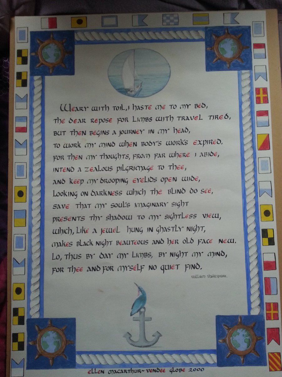 @TomReadWilson One of my absolute favourite sonnets, so thought provoking and emotional. It inspired me to do a calligraphy artwork to celebrate Dame Ellen MacArthur completing the Vendee Globe on her yacht Kingfisher in 2000 🥰 You read it beautifully Tom, thank you x ❤️
