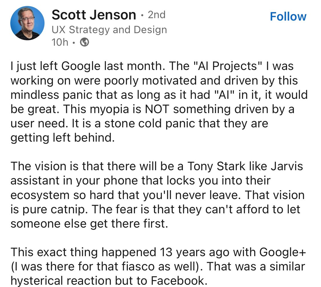 16 year Google veteran says Google’s current AI strategy is Google+ 2.0

A panic reaction to what a competitor is doing. Not something driven by user needs.